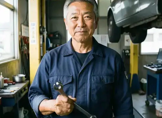 代表の整備士がリフトの前で作業服のまま立つ